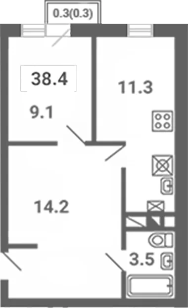 Планировка: 2-комнатная квартира 38,1 м² в ЖК «Южная Долина»