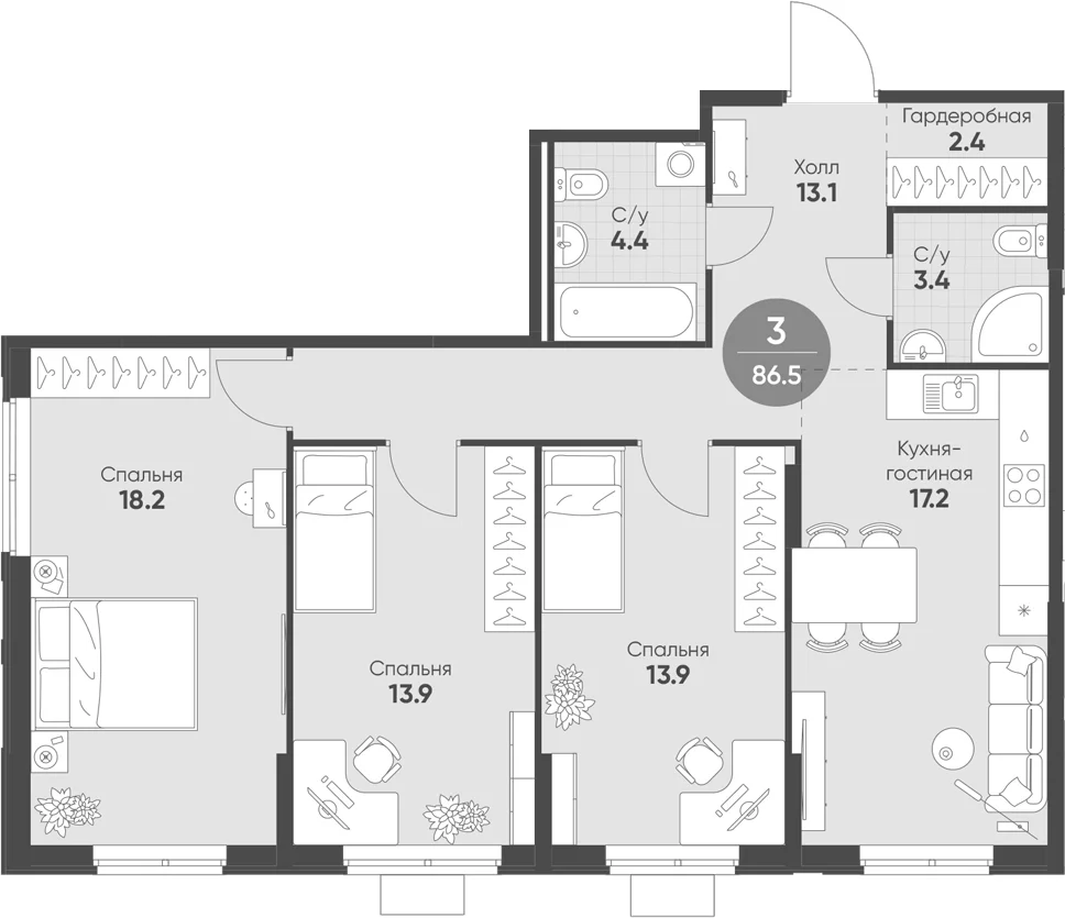 Планировка: Квартира евро-4 86,5 м² в ЖК «Ягодное Река Парк»