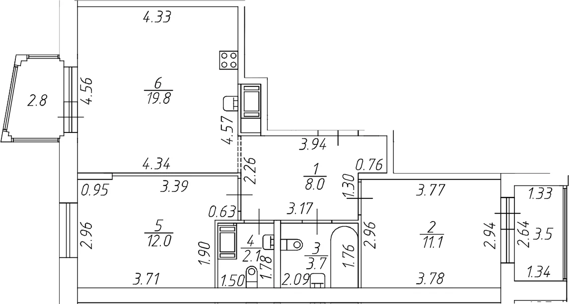 Планировка: Евротрёшка 56,7 м² в ЖК «Респект»