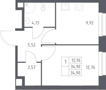 Планировка: 1-комнатная квартира 34,9 м² в ЖК «ЭкоБунино»