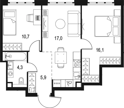 Планировка: 2-комнатная квартира 54 м² в ЖК «Левел Южнопортовая»