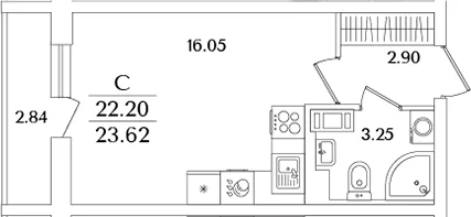 Планировка: Студия 22,2 м² в ЖК «Кинопарк»