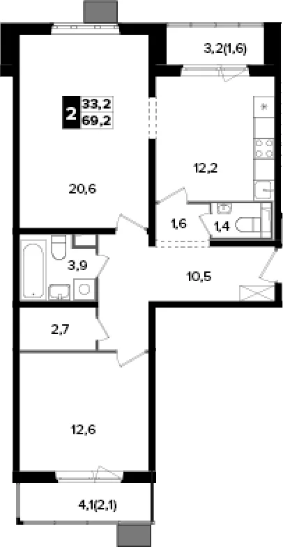 Планировка: 2-комнатная квартира 65,5 м² в ЖК «Южная Битца»