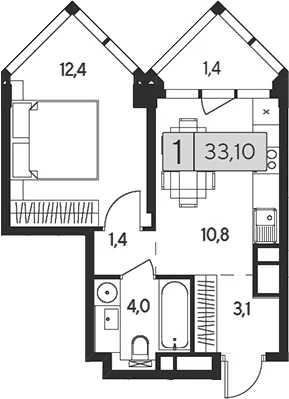Планировка: 1-комнатная квартира 31,7 м² в ЖК «Инди Тауэрз от Аквилон»