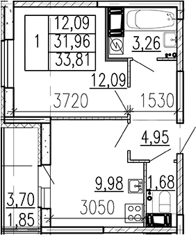 Планировка: 1-комнатная квартира 32 м² в ЖК «Высота. Бугры»