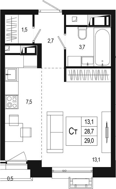 Планировка: Студия 28,7 м² в ЖК «Новая Щербинка»