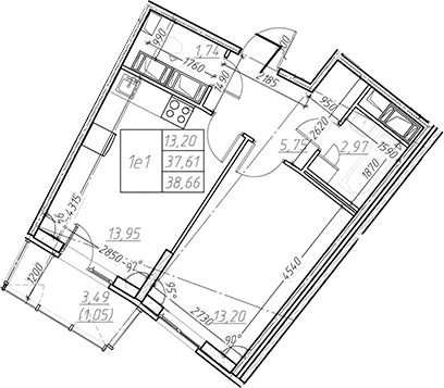 Планировка: Евродвушка 37,6 м² в ЖК «Левитан»