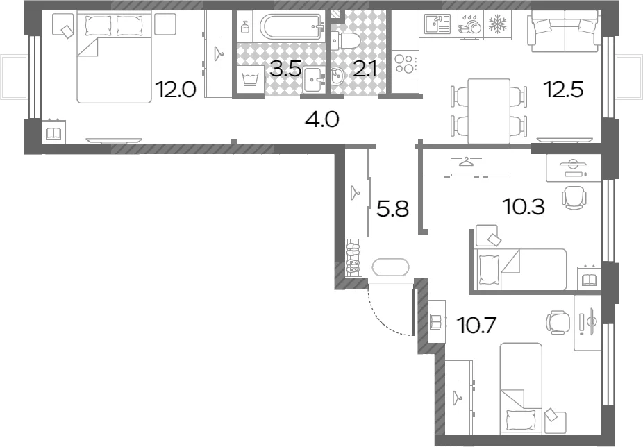 Планировка: 3-комнатная квартира 60,9 м² в ЖК «Лучи»