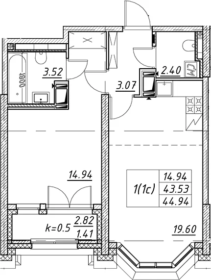 Планировка: Евродвушка 43,5 м² в ЖК «Цивилизация на Неве»