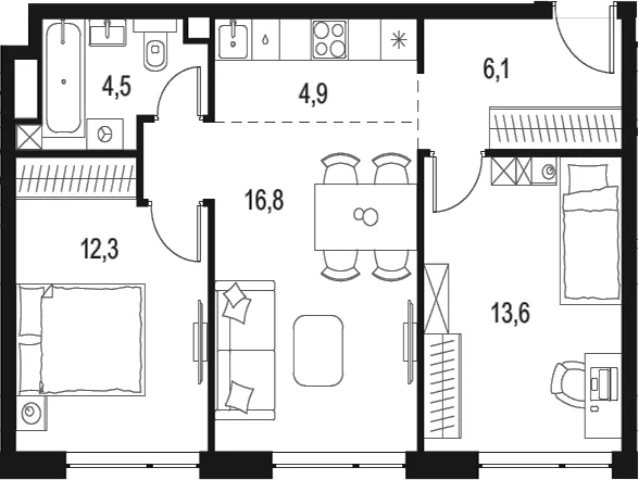 Планировка: Евротрёшка 58,2 м² в ЖК «Левел Мичуринский»