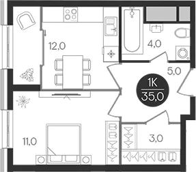 Планировка: 1-комнатная квартира 35 м² в ЖК «Кантемировский»