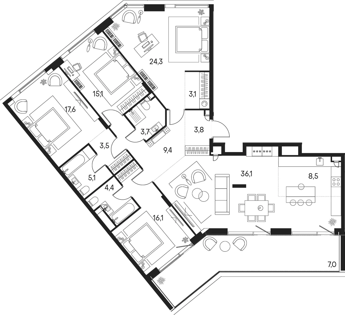 Планировка: Квартира евро-5 150,7 м² в ЖК «Клубный город на реке Примавера»