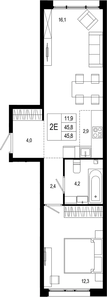 Планировка: Евродвушка 47,1 м² в ЖК «Новая Щербинка»