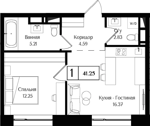Планировка: 1-комнатная квартира 41,3 м² в ЖК «Преображенская площадь»