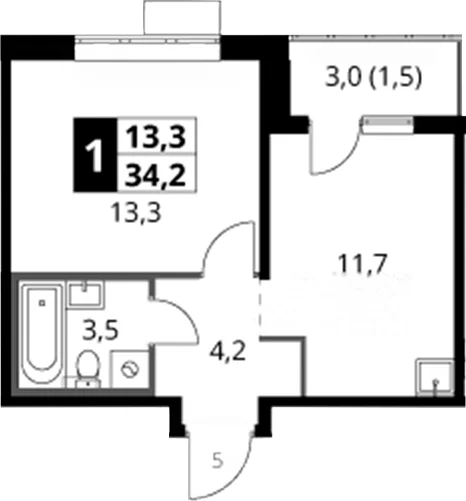 Планировка: 1-комнатная квартира 32,7 м² в ЖК «1-й Саларьевский»