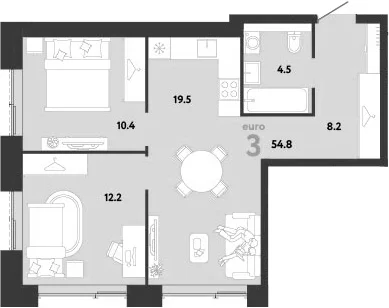 Планировка: Евротрёшка 54,8 м² в ЖК «Страна.Заречная»