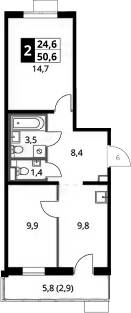 Планировка: 2-комнатная квартира 47,7 м² в ЖК «1-й Саларьевский»