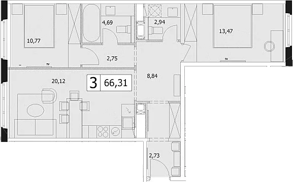 Планировка: Евротрёшка 66,3 м² в ЖК «У реки.Эко Видное 2.0»