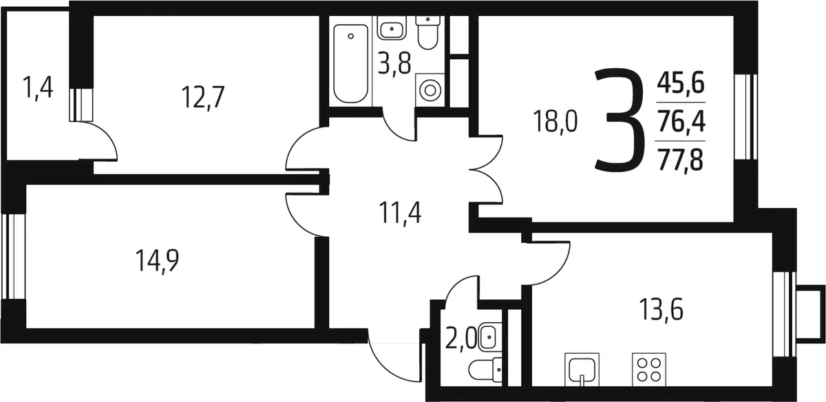 Планировка: 3-комнатная квартира 76,4 м² в ЖК «Новые Ватутинки Заречный»