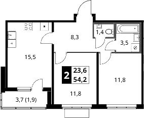 Планировка: 2-комнатная квартира 52,3 м² в ЖК «1-й Ясеневский»