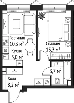 Планировка: Евродвушка 40,5 м² в ЖК «СЕТ»