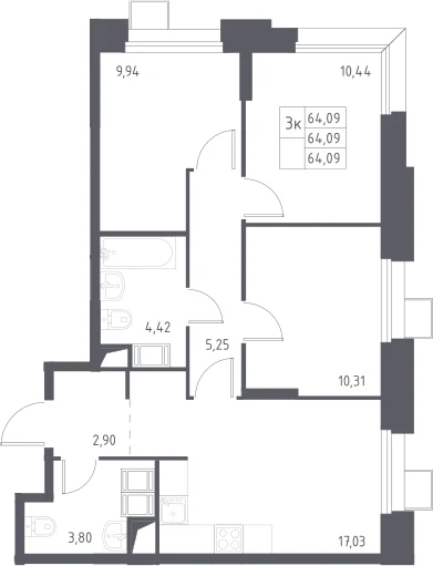 Планировка: Квартира евро-4 64,1 м² в ЖК «Тропарево Парк»