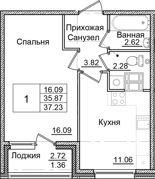 Планировка: 1-комнатная квартира 35,9 м² в ЖК «Квартал Заречье»