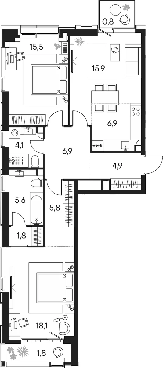 Планировка: Евротрёшка 85,5 м² в ЖК «Клубный город на реке Примавера»