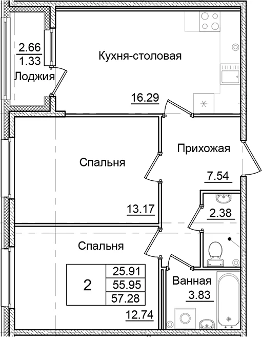 Планировка: 2-комнатная квартира 56 м² в ЖК «Квартал Заречье»