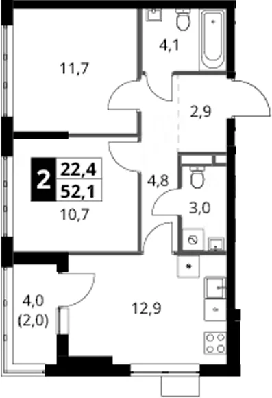 Планировка: 2-комнатная квартира 50,1 м² в ЖК «1-й Ясеневский»