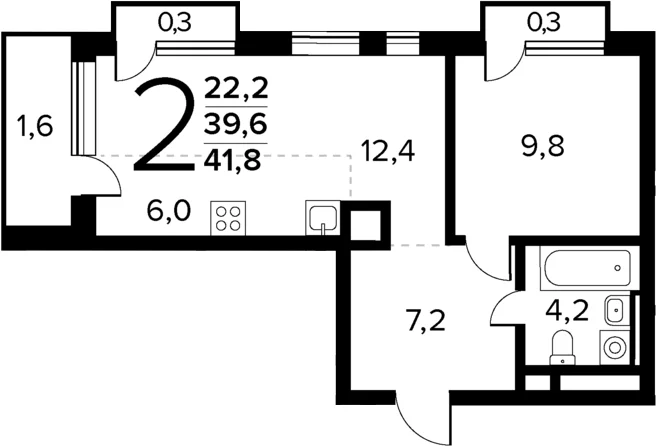 Планировка: Евродвушка 39,6 м² в ЖК «Новые Ватутинки Квартал у реки»
