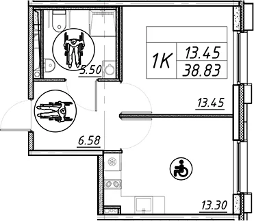 Планировка: 1-комнатная квартира 38,8 м² в ЖК «АВЕНЮ-АПАРТ ПУЛКОВО»