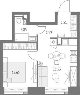Планировка: Евродвушка 37,5 м² в ЖК «Апсайд Тауэрс»