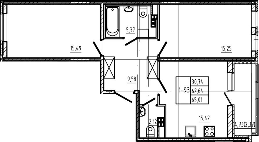 Планировка: Евротрёшка 62,6 м² в ЖК «Новая история»