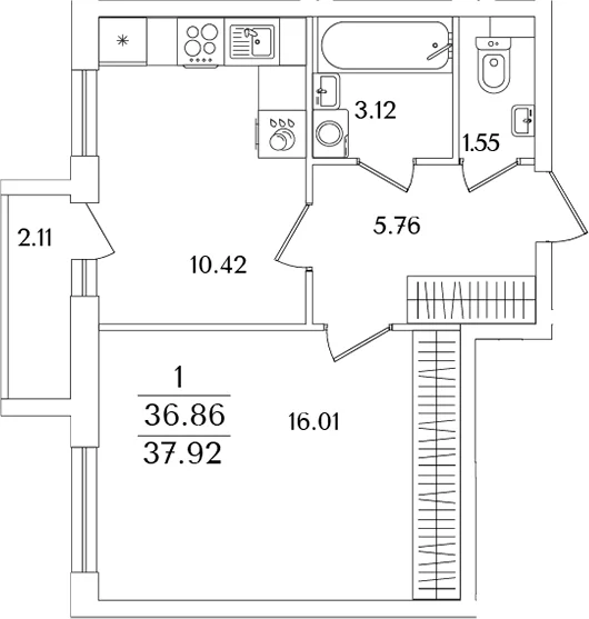 Планировка: 1-комнатная квартира 36,9 м² в ЖК «Кинопарк»