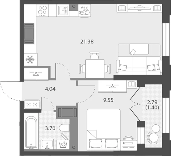 Планировка: Евродвушка 38,7 м² в ЖК «Цивилизация на Неве»