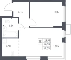 Планировка: Евродвушка 40,6 м² в ЖК «Новое Видное»