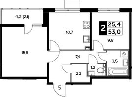 Планировка: 2-комнатная квартира 50,9 м² в ЖК «Южная Битца»