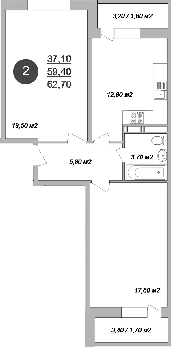 Планировка: 2-комнатная квартира 59,4 м² в ЖК «Новые Островцы»