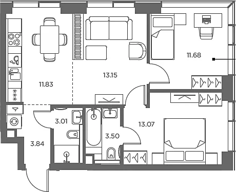 Планировка: Евротрёшка 60,1 м² в ЖК «TATE»