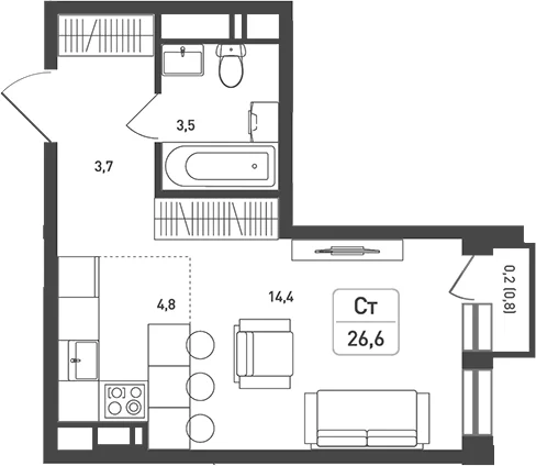 Планировка: Студия 26,4 м² в ЖК «Новая Щербинка»