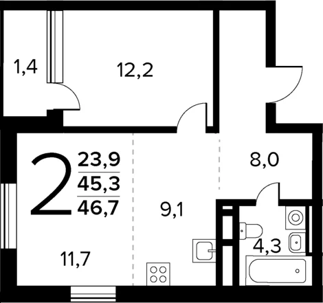Планировка: Евродвушка 45,3 м² в ЖК «Новые Ватутинки Квартал у реки»