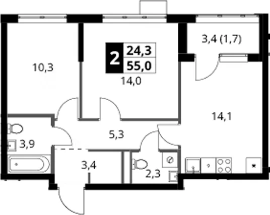 Планировка: 2-комнатная квартира 53,3 м² в ЖК «1-й Ясеневский»