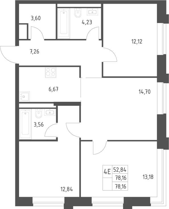 Планировка: Квартира евро-4 78,2 м² в ЖК «Верейская 41»