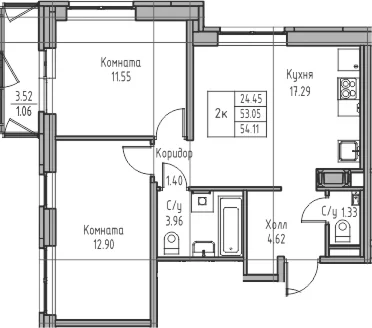 Планировка: Евротрёшка 53,1 м² в ЖК «Юнтолово»