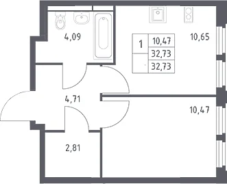 Планировка: 1-комнатная квартира 32,7 м² в ЖК «Космический Квартал»