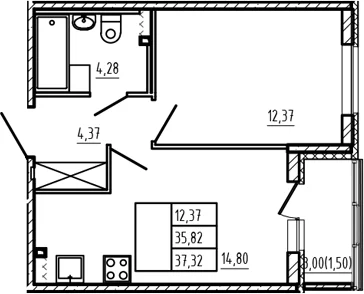 Планировка: 1-комнатная квартира 35,8 м² в ЖК «Новая история»