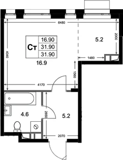 Планировка: Студия 31,9 м² в ЖК «Кореневский Форт 2.3»
