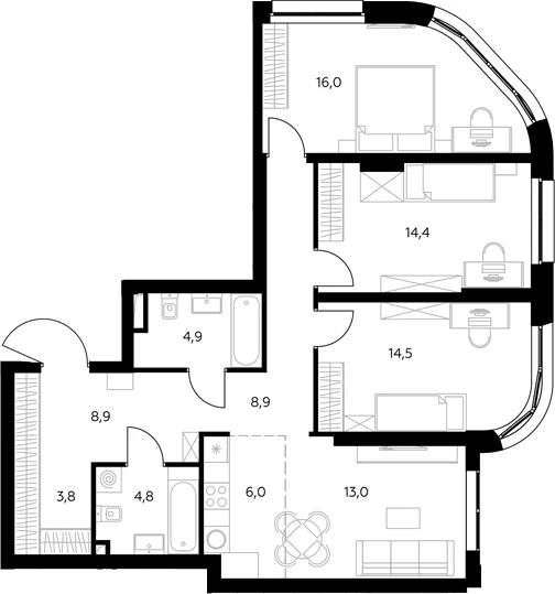 Планировка: Квартира евро-4 95,2 м² в ЖК «Адмирал»