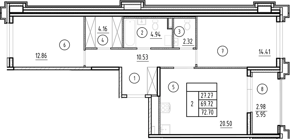 Планировка: Евротрёшка 69,7 м² в ЖК «Ассамблея»